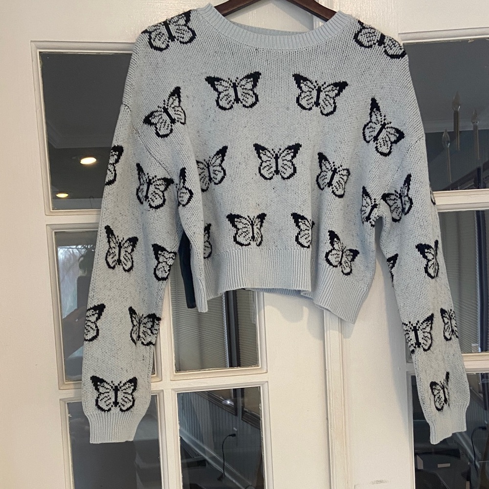La Hearts Light Blue Cropped Butterfly Sweatshirt